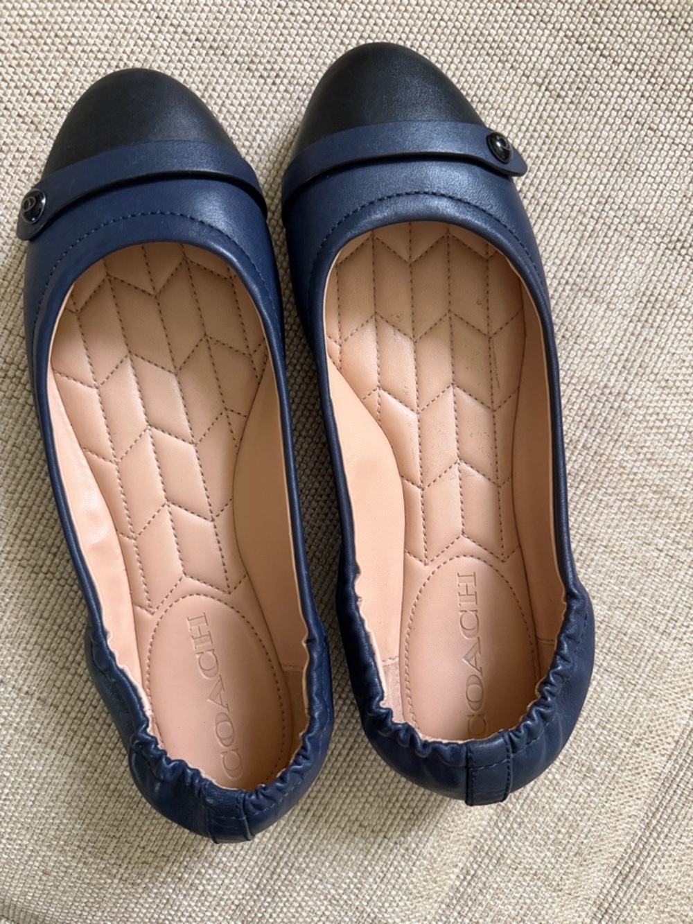 Coach Navy Black Cap Toe Ballet Flats Leather Size 5.5/36